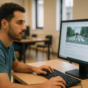 Uma pessoa concentrada faz a prova da carteira de motorista em um computador dentro de uma sala, em ambiente realista e institucional