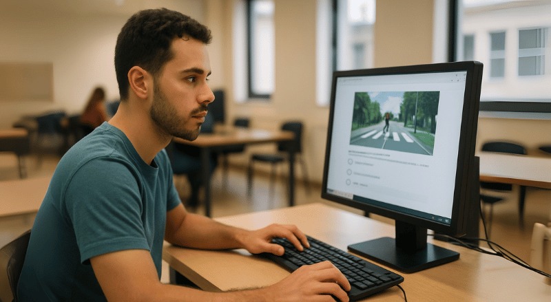 Uma pessoa concentrada faz a prova da carteira de motorista em um computador dentro de uma sala, em ambiente realista e institucional