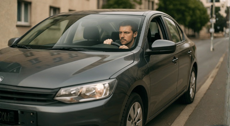 Pessoa dirigindo um carro cinza sem placa em uma rua urbana, vista lateral e em plano médio, com expressão concentrada e iluminação suave natural