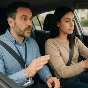 um aluno dirigindo um carro de autoescola com o instrutor ao lado, ambos concentrados, em ambiente iluminado naturalmente e com enquadramento em plano médio