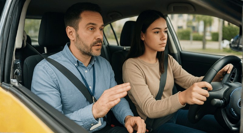 um aluno dirigindo um carro de autoescola com o instrutor ao lado, ambos concentrados, em ambiente iluminado naturalmente e com enquadramento em plano médio