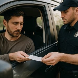 um homem dentro de um carro recebendo uma multa de um policial