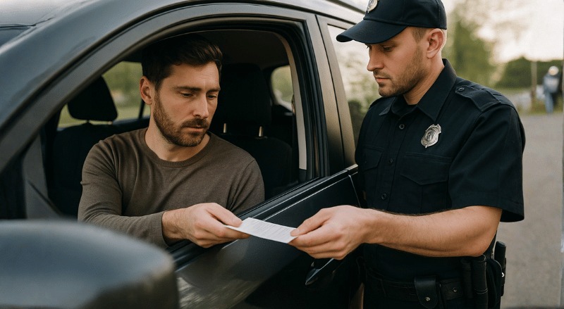 um homem dentro de um carro recebendo uma multa de um policial