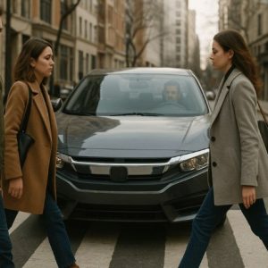 Uma cena urbana mostra um carro parado exatamente sobre a faixa de pedestres enquanto várias pessoas atravessam a rua em sentido oposto
