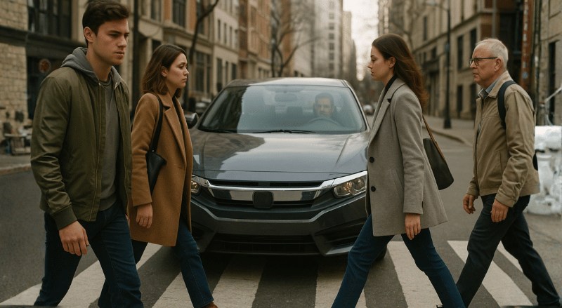 Uma cena urbana mostra um carro parado exatamente sobre a faixa de pedestres enquanto várias pessoas atravessam a rua em sentido oposto