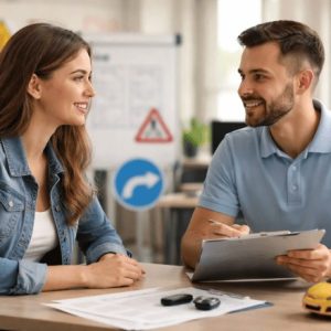 Pessoa em atendimento em uma autoescola, conversando de forma atenciosa com um funcionário em um ambiente interno profissional, com iluminação suave e natural