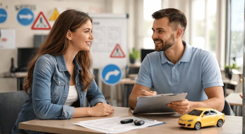 Pessoa em atendimento em uma autoescola, conversando de forma atenciosa com um funcionário em um ambiente interno profissional, com iluminação suave e natural