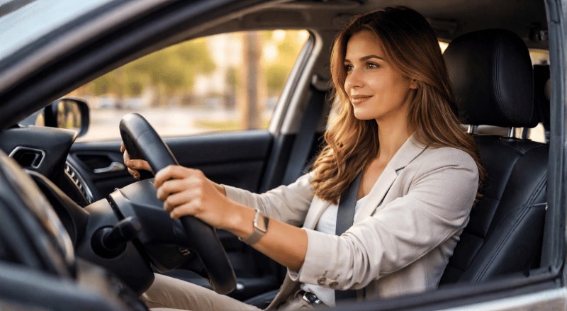Mulher dirigindo um carro com volante no lado esquerdo, em um ambiente interno bem iluminado por luz natural. A cena é capturada em plano médio, com ângulo levemente lateral, destacando sua expressão tranquila e atenta ao volante, em um contexto realista e cotidiano.