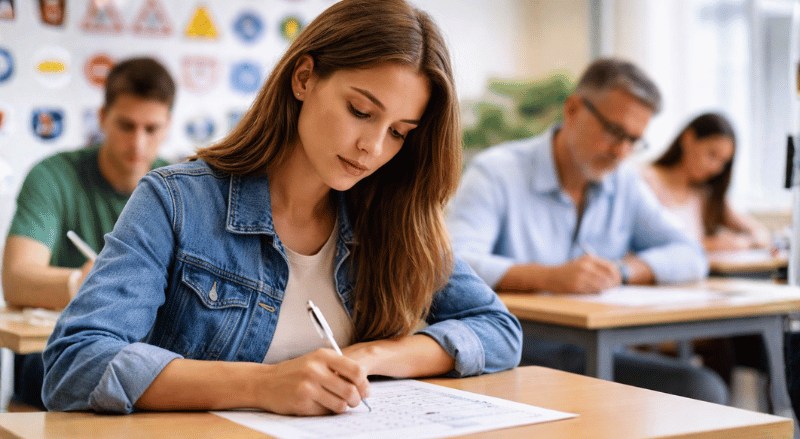 Pessoa concentrada realizando a prova teórica do Detran em sala de aula, sentada em carteira escolar com outros candidatos ao fundo, em ambiente institucional bem iluminado e realista.