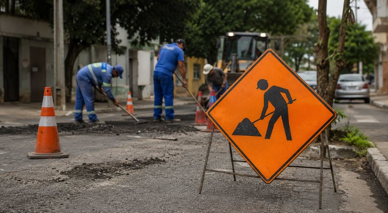 rua em manutenção, com placa de obras em destaque no primeiro plano e trabalhadores consertando o asfalto ao fundo, em um cenário urbano informativo e visualmente envolvente