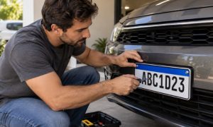 Uma pessoa instala uma placa veicular no padrão brasileiro Mercosul em um carro, utilizando uma chave de fenda em um ambiente residencial bem iluminado e realista