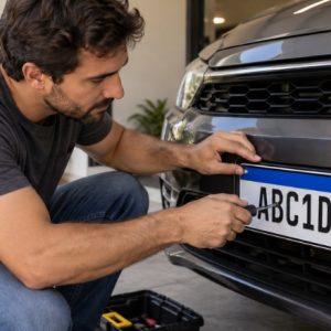 Uma pessoa instala uma placa veicular no padrão brasileiro Mercosul em um carro, utilizando uma chave de fenda em um ambiente residencial bem iluminado e realista