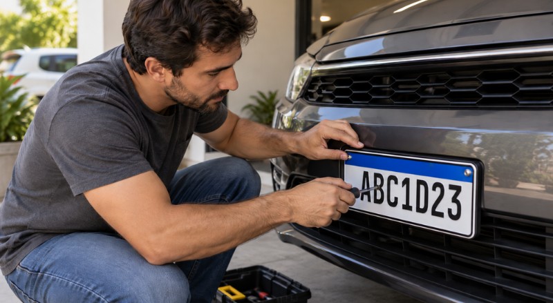 Uma pessoa instala uma placa veicular no padrão brasileiro Mercosul em um carro, utilizando uma chave de fenda em um ambiente residencial bem iluminado e realista
